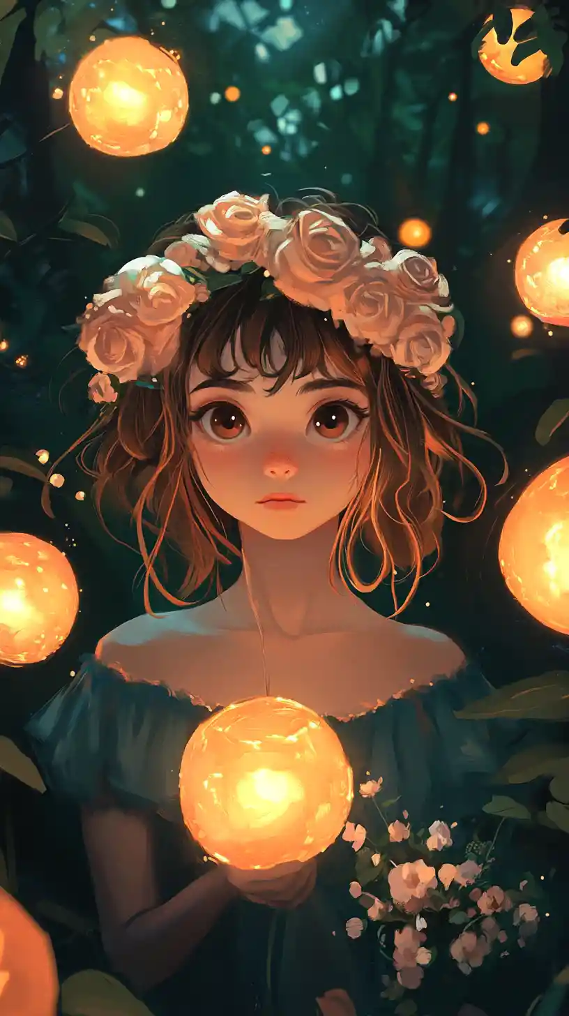 Anime girl in a glowing fantasy flower forest