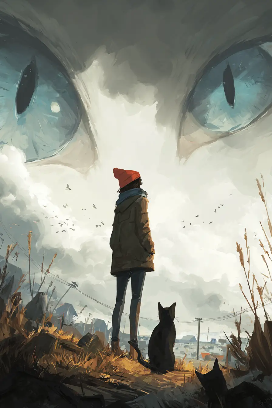 Invisible cat with hat in surreal eye filled landscape