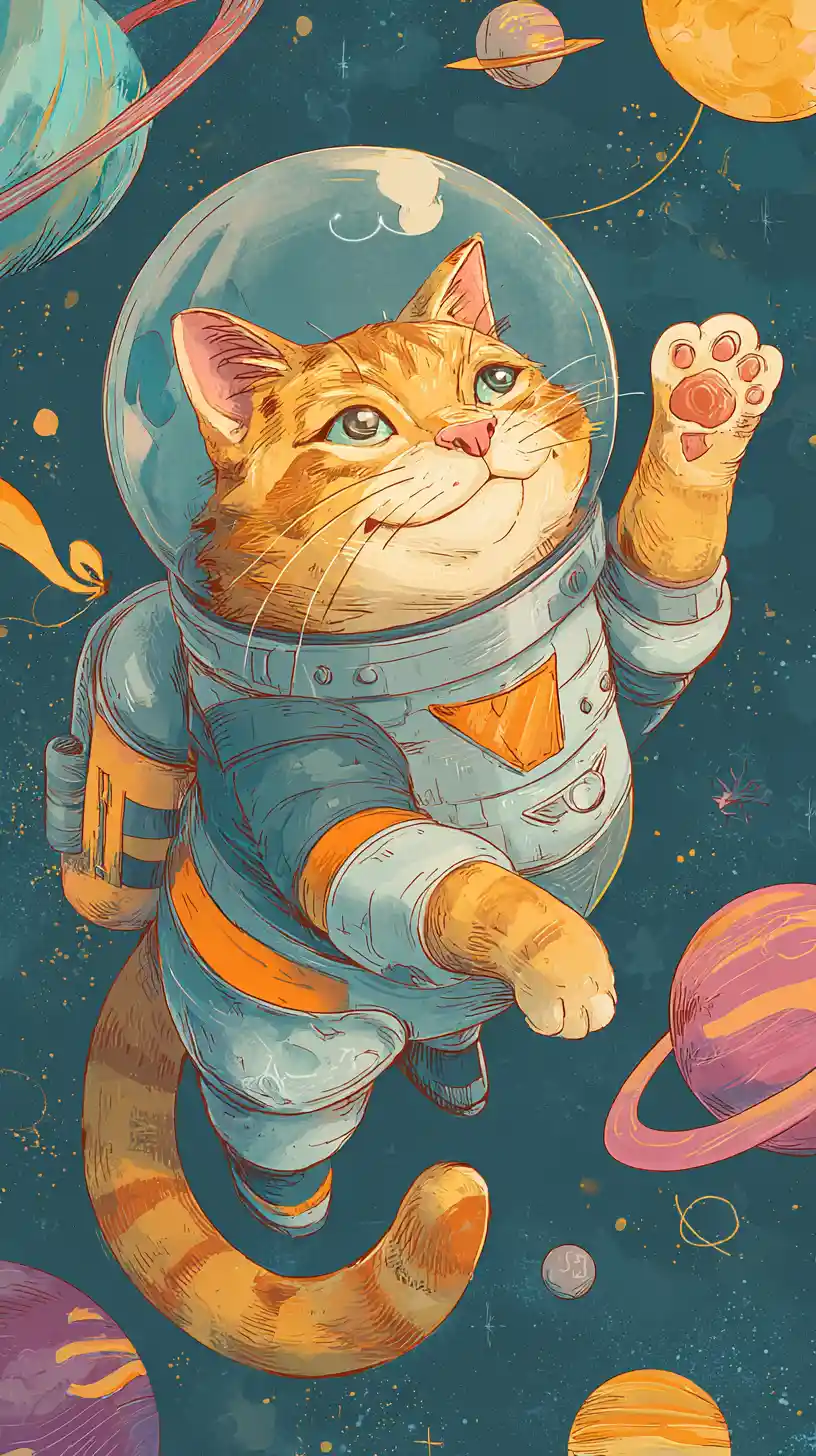 Playful space cat in a retro futuristic spacesuit