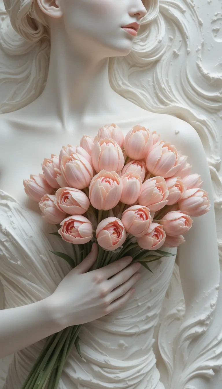 Woman holding light pink tulips on white textured background