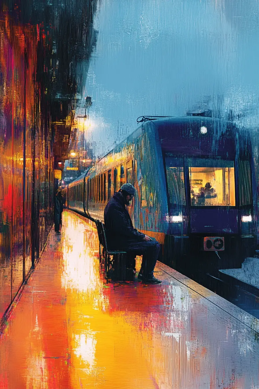 Elderly Man Waiting At Train In Winter Rainy Station