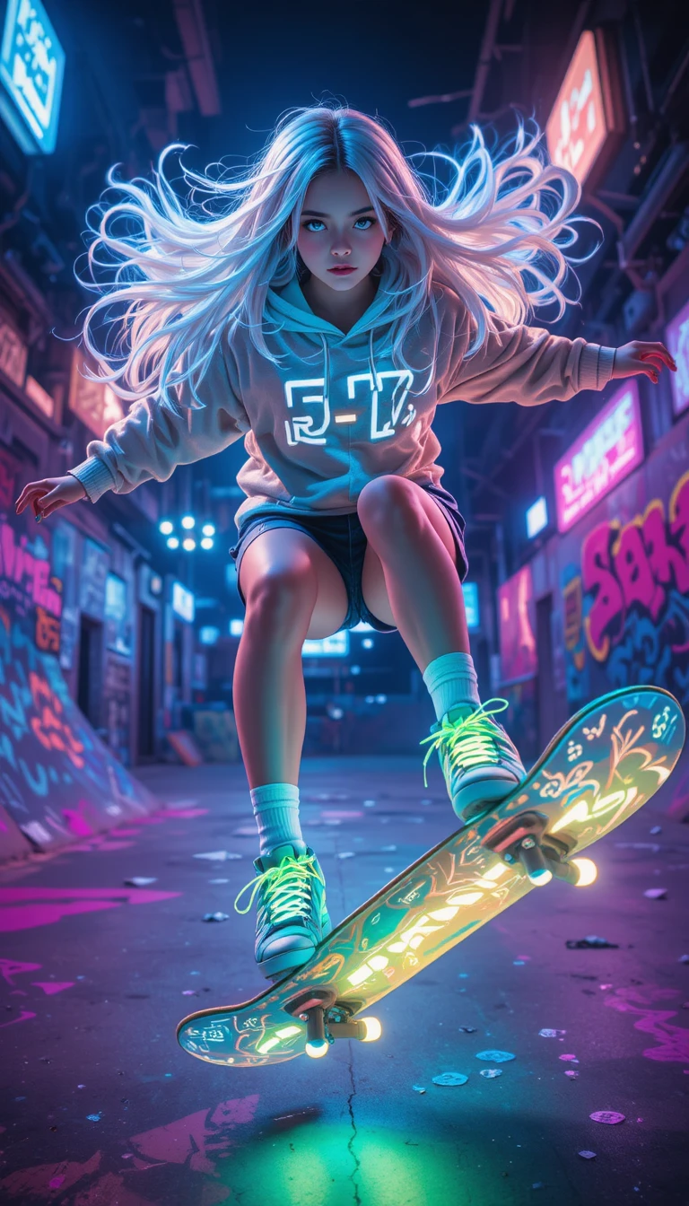 Fille d’anime faisant du skateboard sous des néons la nuit