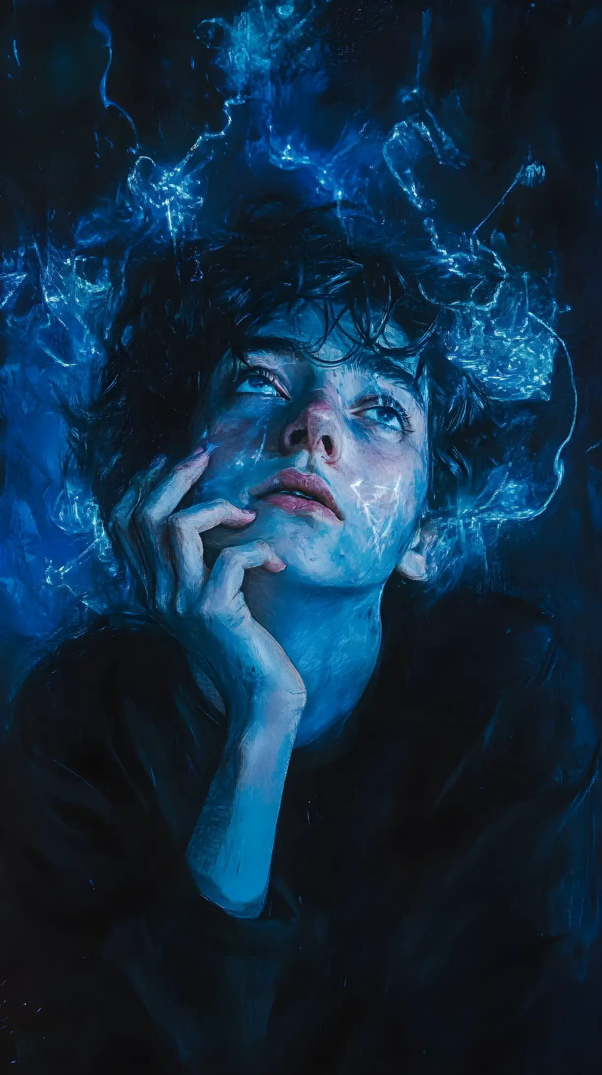 Dark abstract artwork in deep blue foreboding tones
