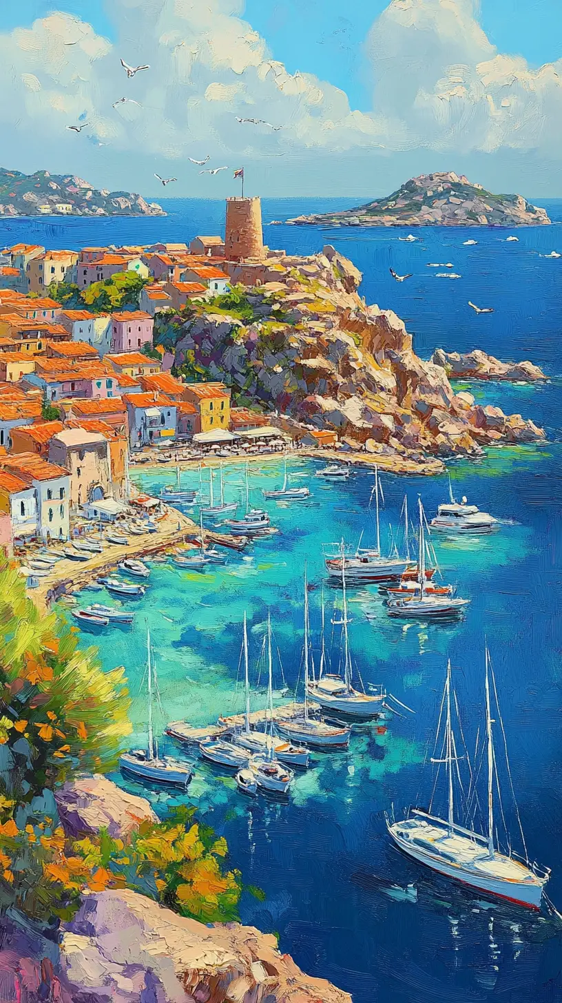 Sardinian harbor town overlooking turquoise mediterranean marina