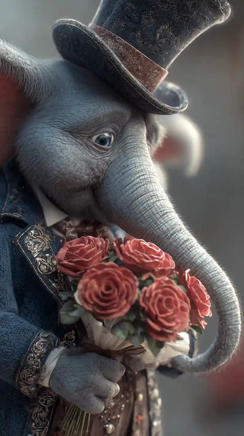 Elefante timido in abito vittoriano con bouquet di rose rosse