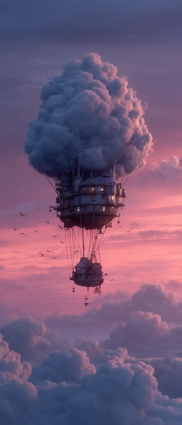Gentle cloud airship lifting a sleeping child at twilight