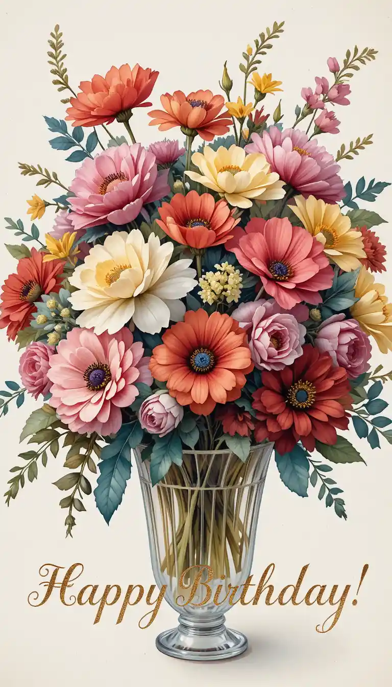 Buquê de flores em aquarela em um vaso de cristal