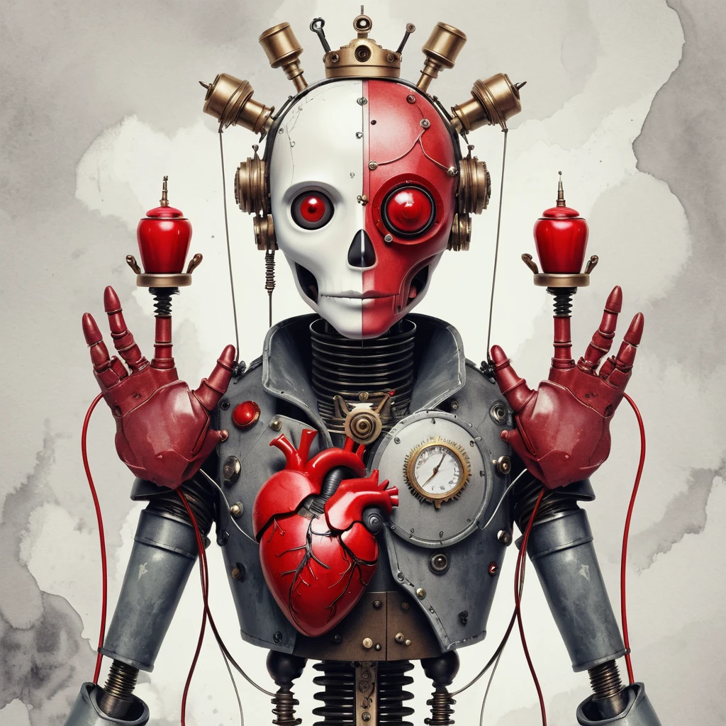 Melancholic steampunk puppet with glowing red heart torso