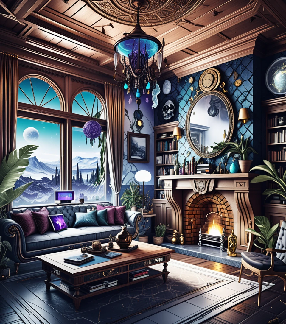 Moody 3D interior with dark eclectic maximalist decor