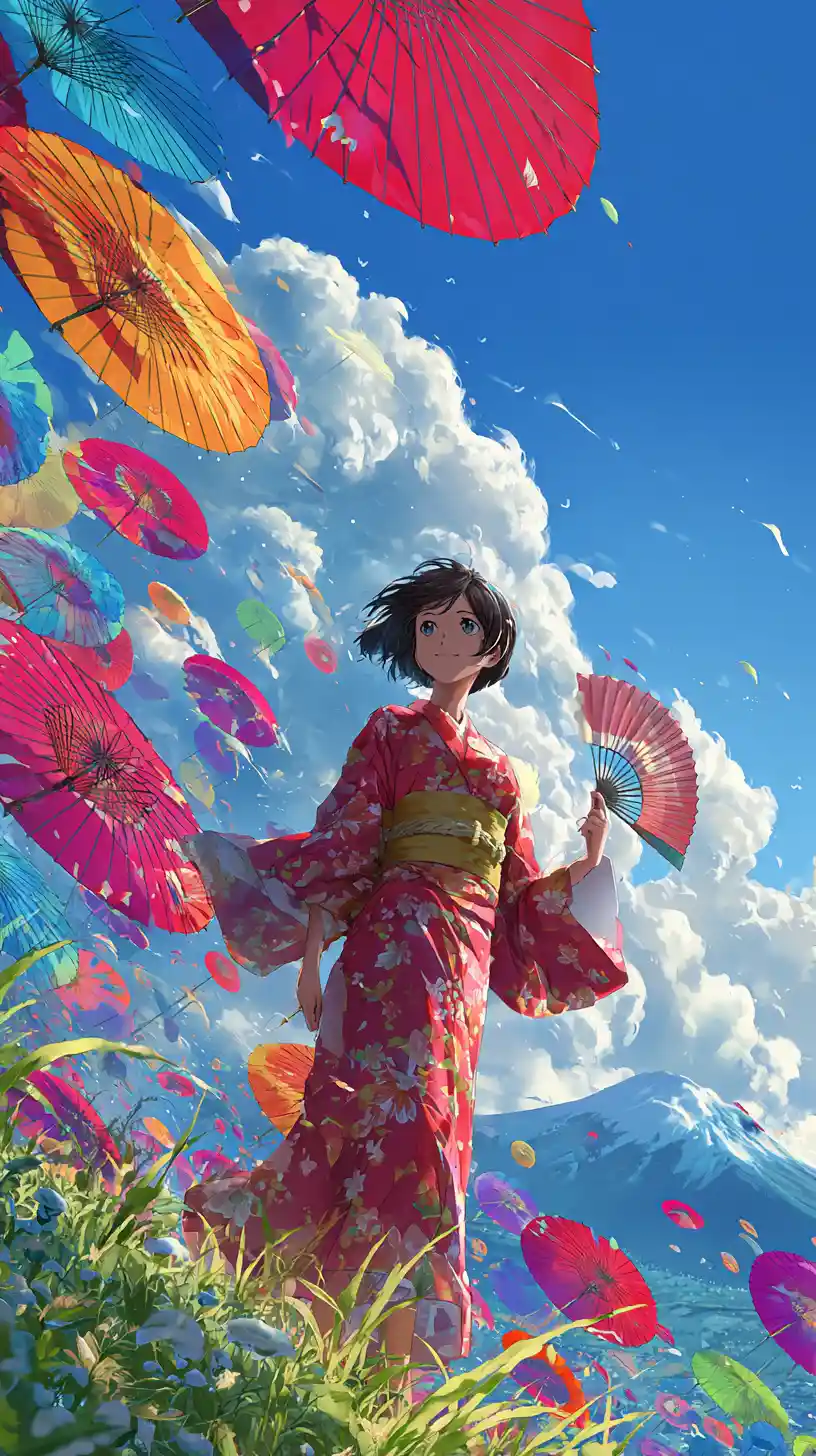 Anime woman with swirling paper fans on hilltop