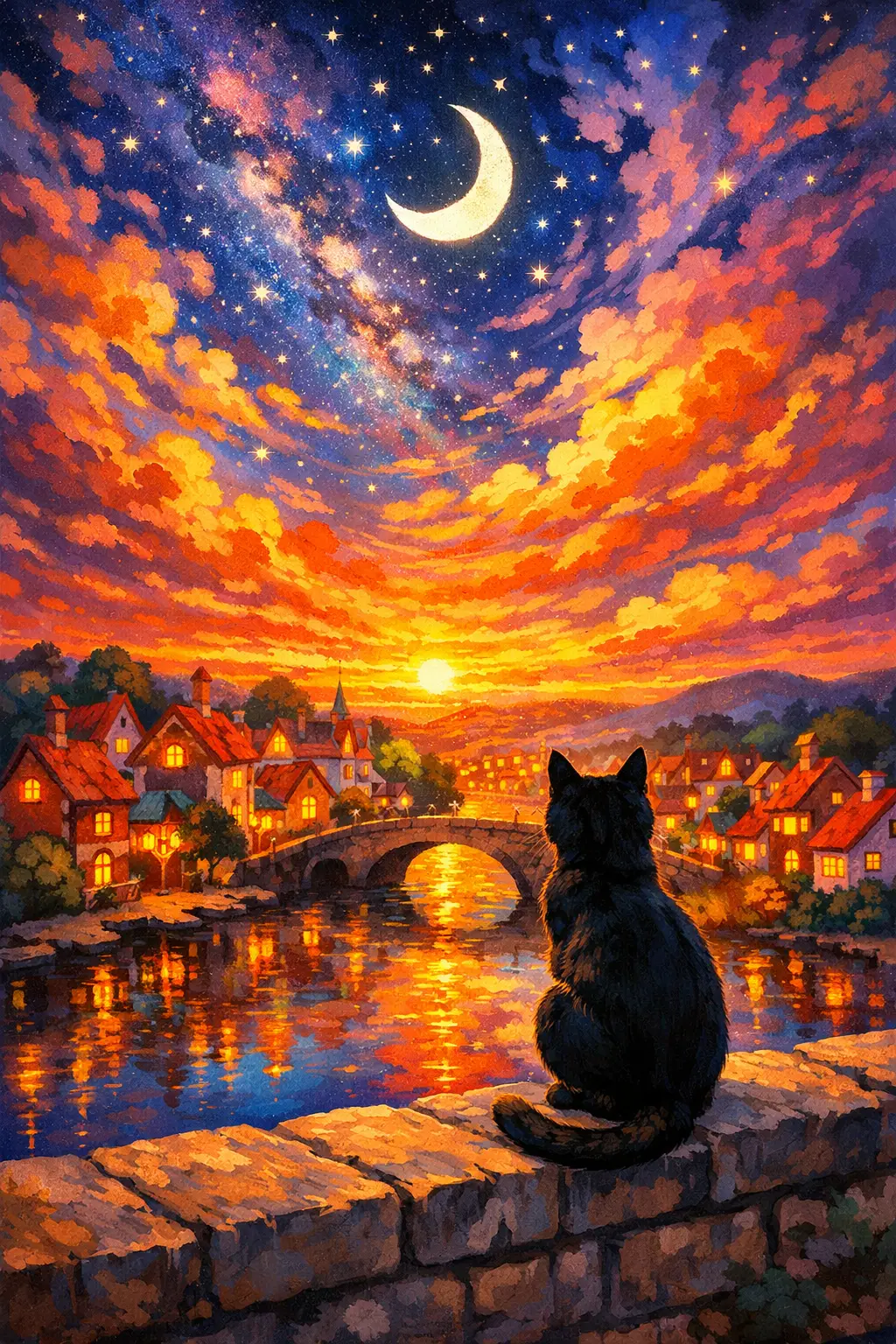 Black cat watching sunset over a colorful fantasy village
