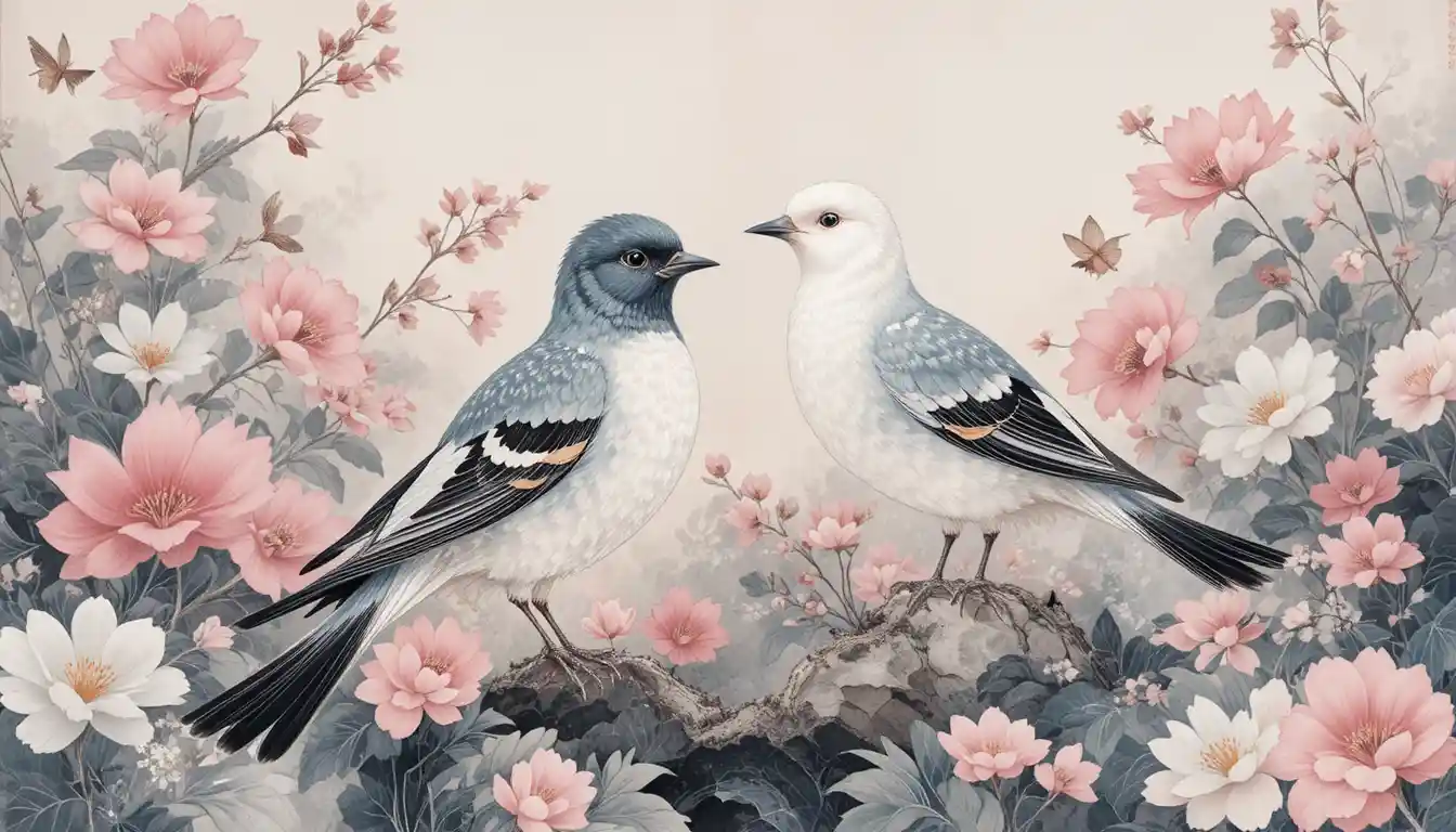 Two birds in a serene traditional floral print scene