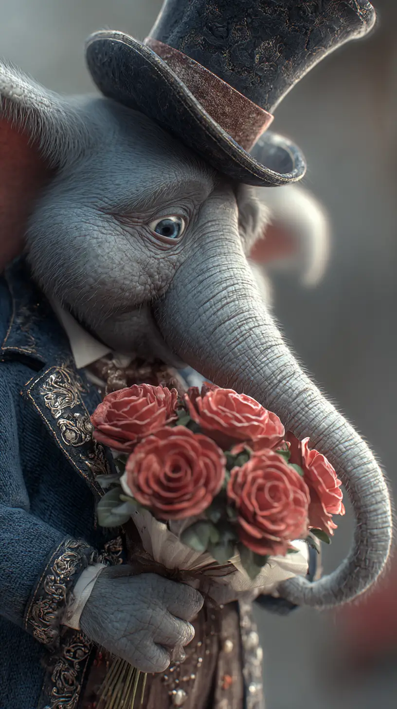 Shy elephant in victorian suit with red rose bouquet