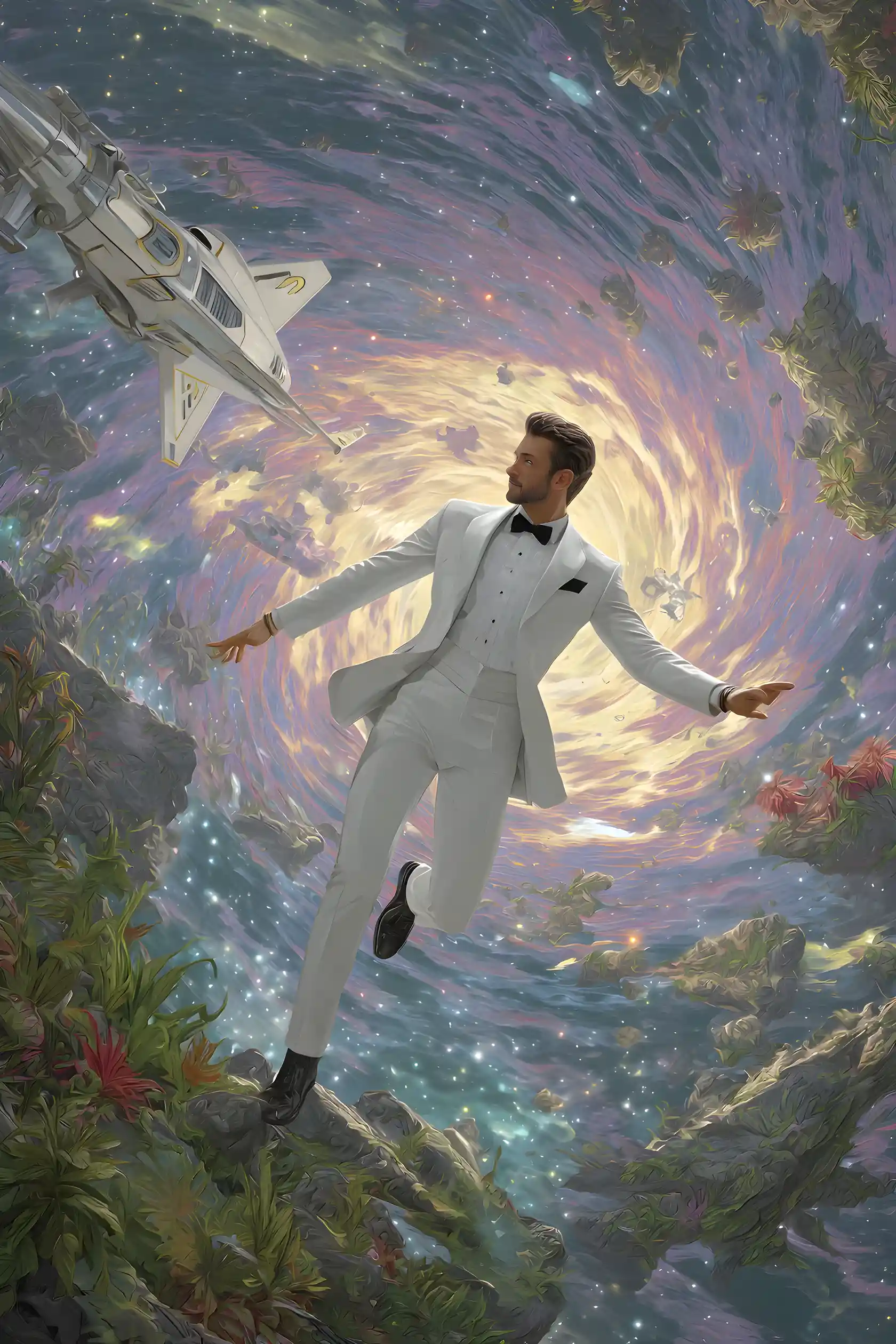 Charismatic space man walking toward sleek spaceship