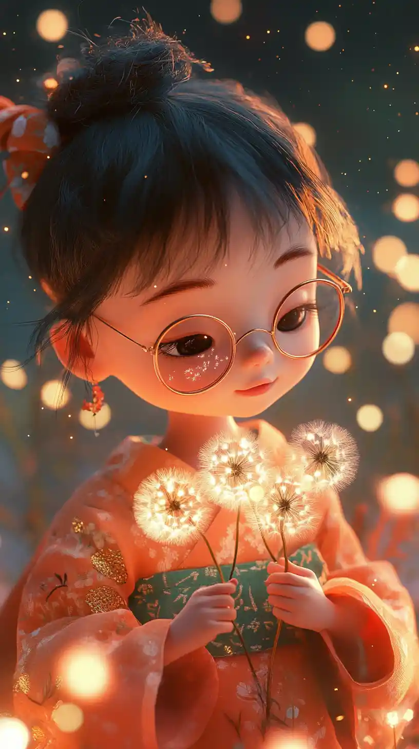 Cute girl in kimono holding glowing dandelions