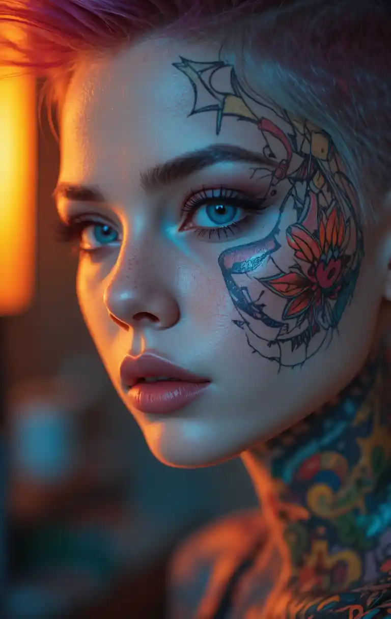 Tattooed Woman Close Up In Warm Orange Light