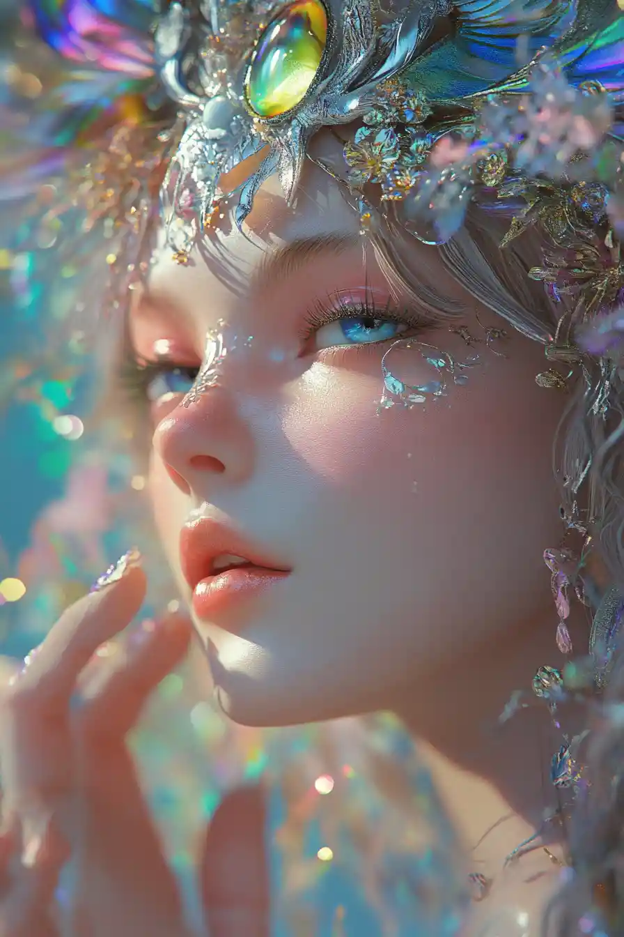 Cute fantasy girl with pastel kaleidoscope background