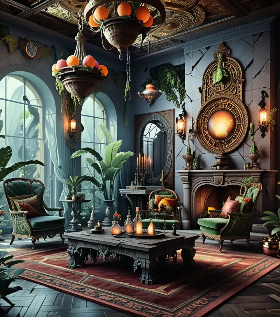 Dark mystical luxury interior with ornate vintage decor