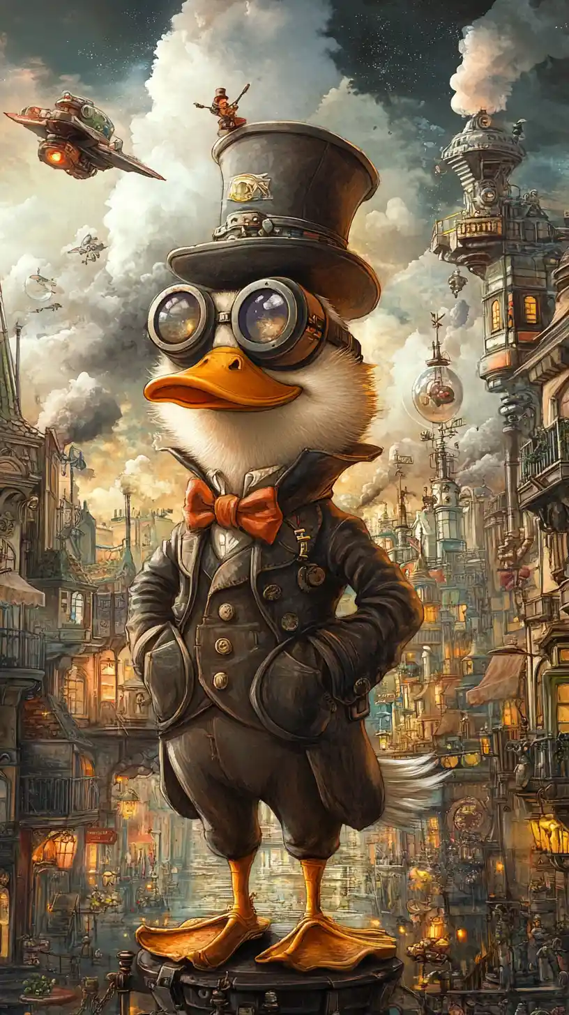 Papera elegante in una fantasiosa città in miniatura in stile steampunk