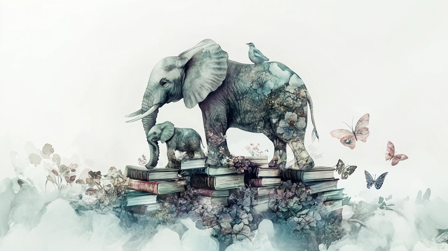Elefante e cucciolo in acquerello onirico su libri impilati