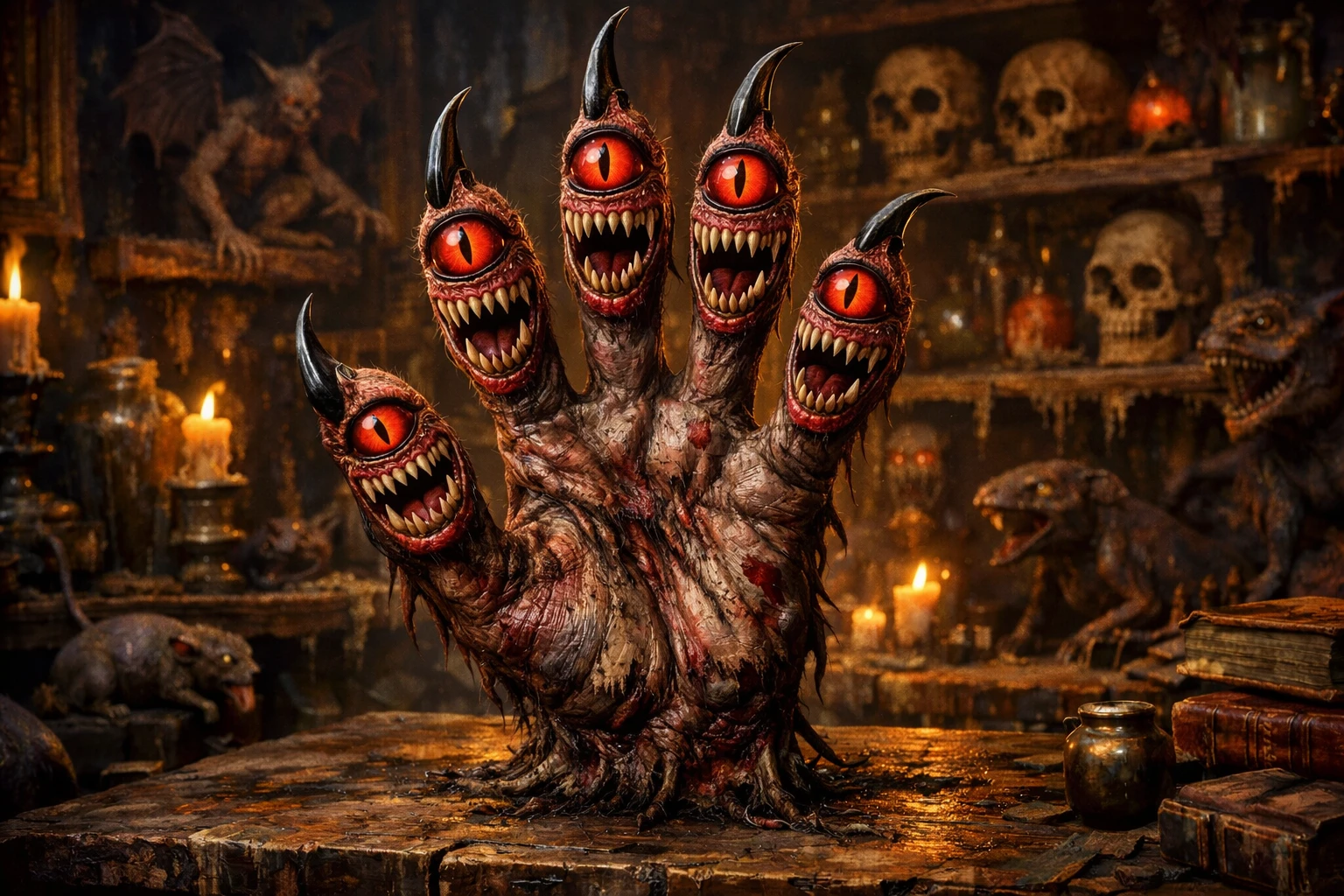 Mano espeluznante de monstruo sobre una mesa antigua en ruinas