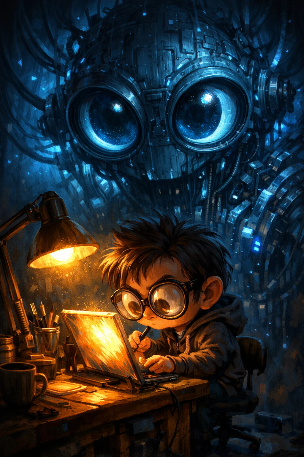 Artista digital melancólico pintando ante una máquina abstracta amenazante