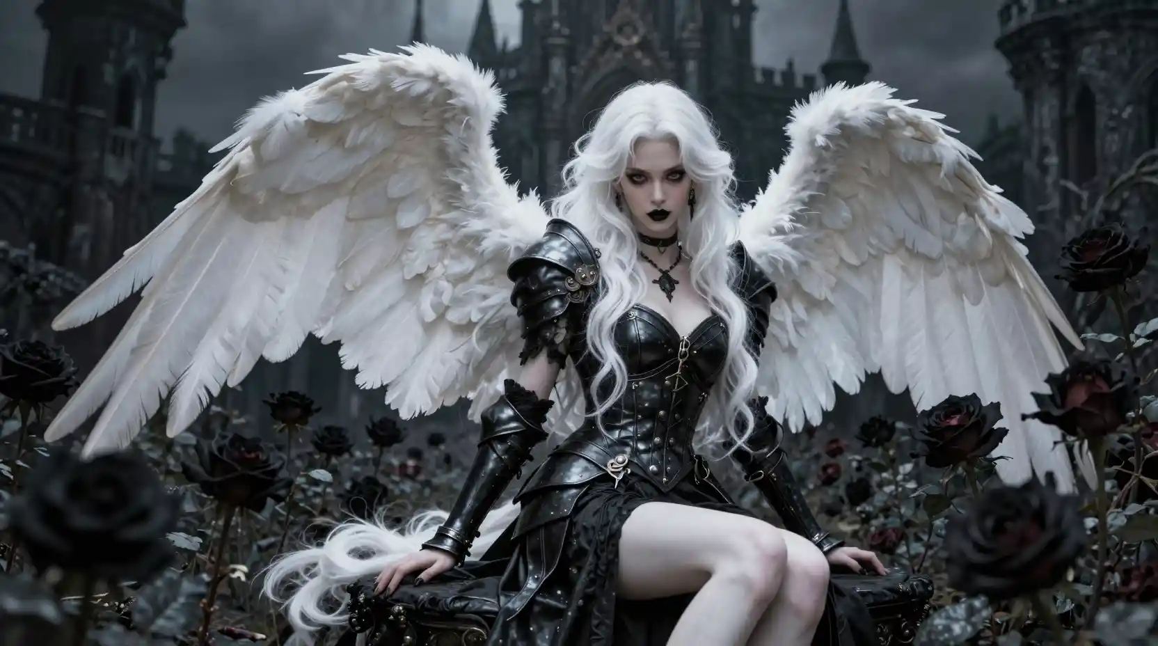 Gothic angel in leather armor among black rose garden