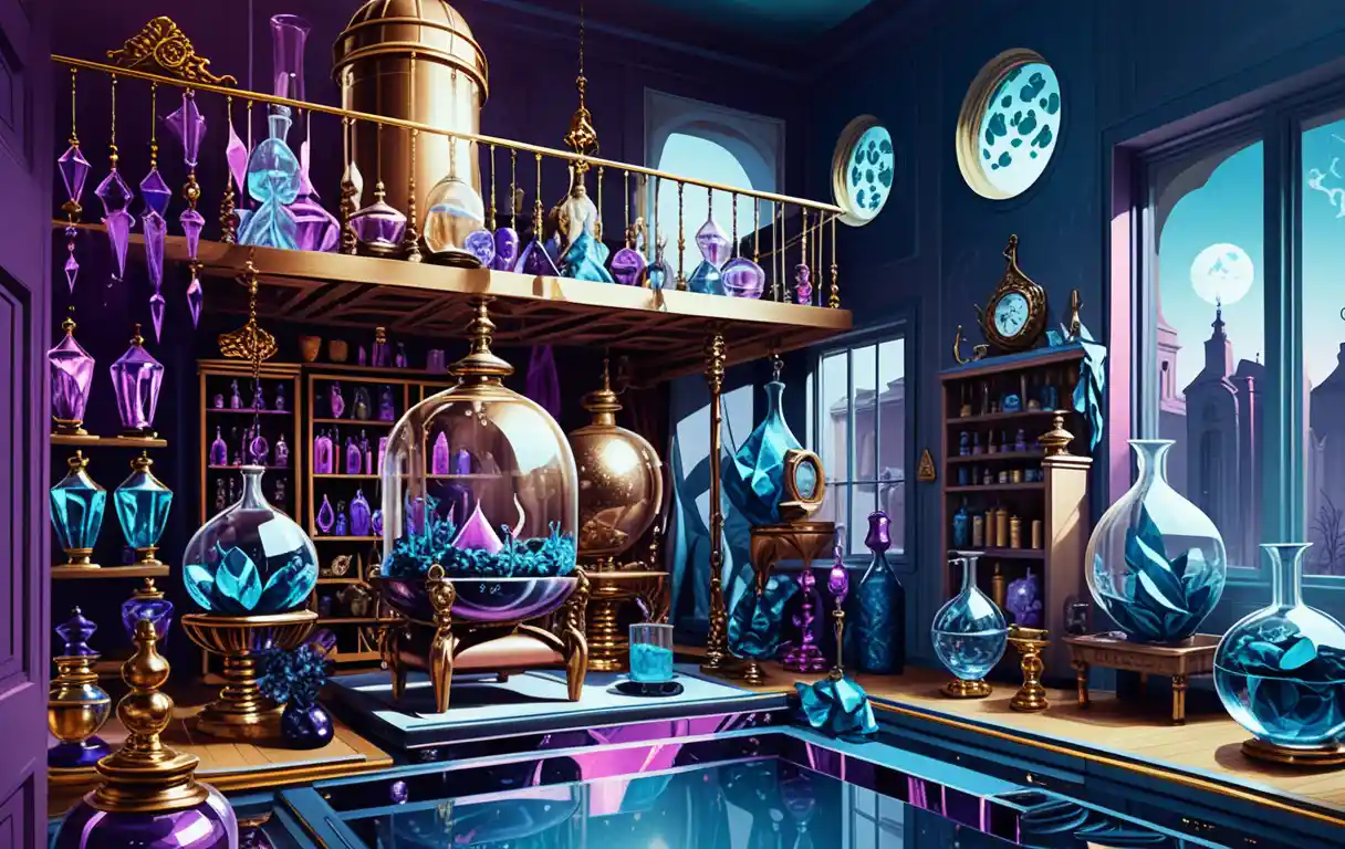 Fantasy-Händlerhaus als zweistöckiges Diorama mit offener Innenansicht