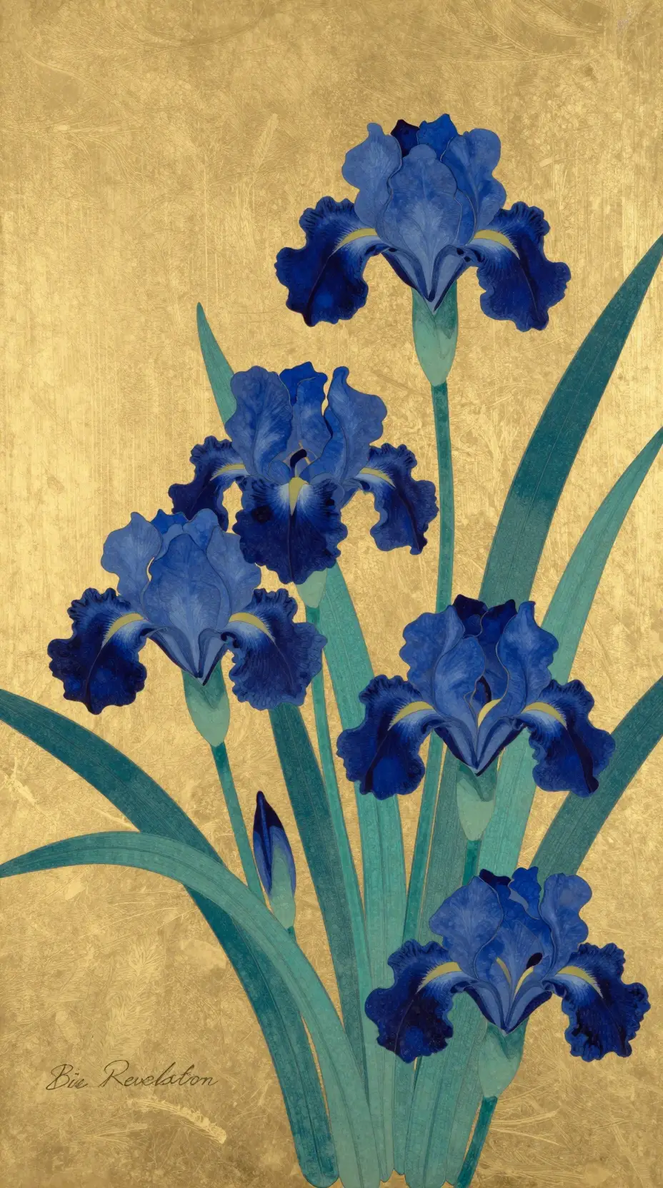 Stylized iris painting on shimmering gold decorative background