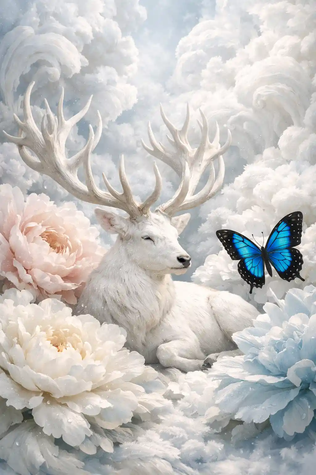 Cervo branco descansando entre flores gigantes em névoa surreal
