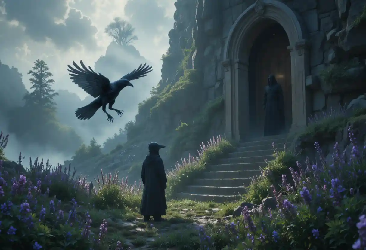 Mystical man in a doorway sharing wisdom in a meadow