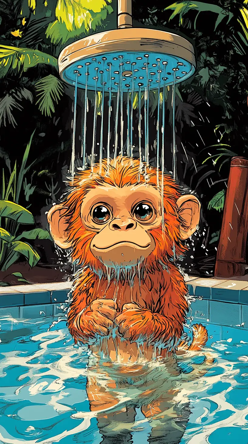 Playful monkey showering in a colorful pool illustration