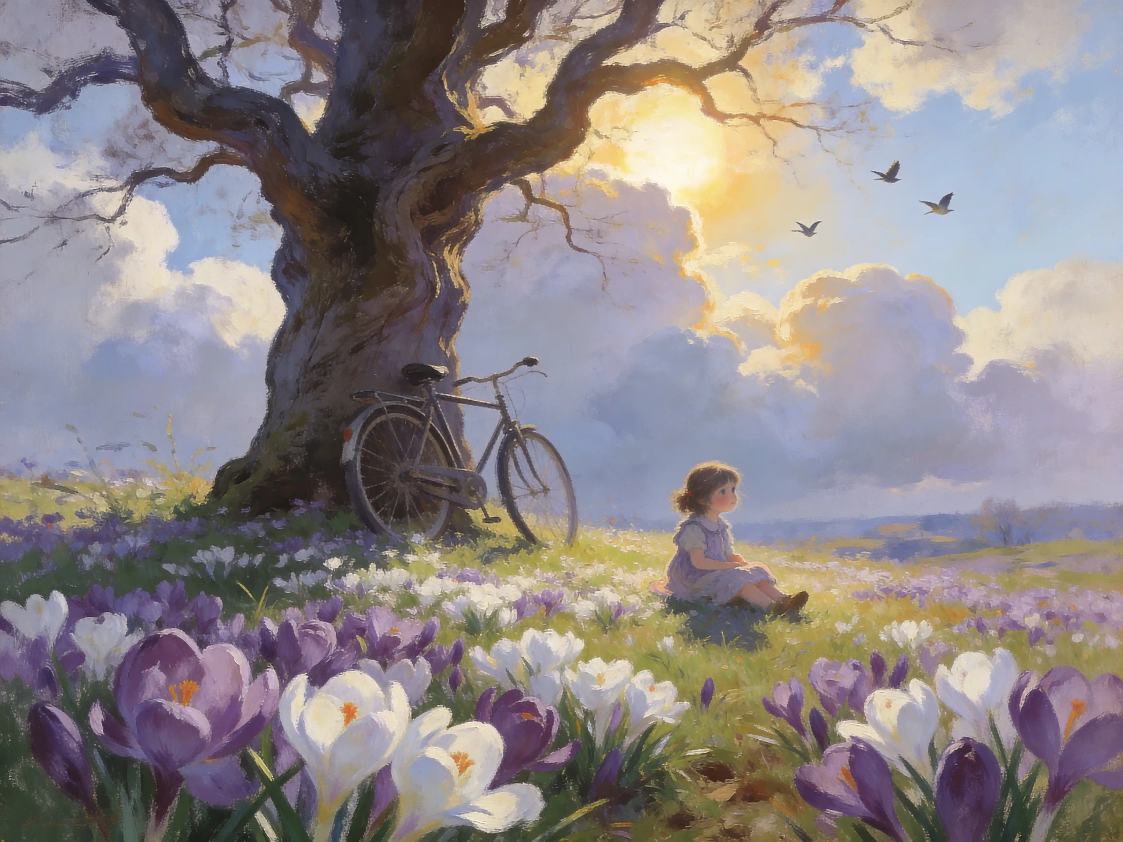 Young girl in a meadow beside an old tree and bicycle