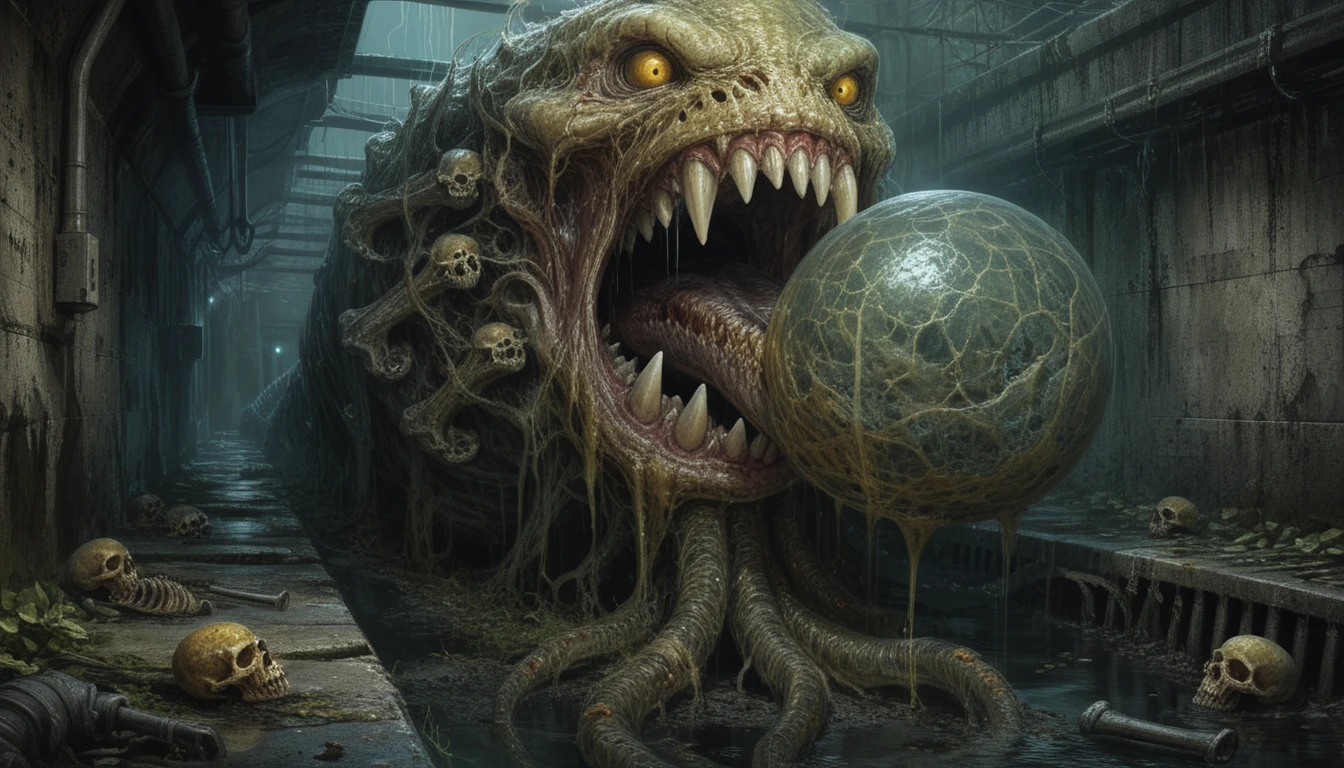 Monstruo grotesco de alcantarilla con fauces tentaculares y calaveras