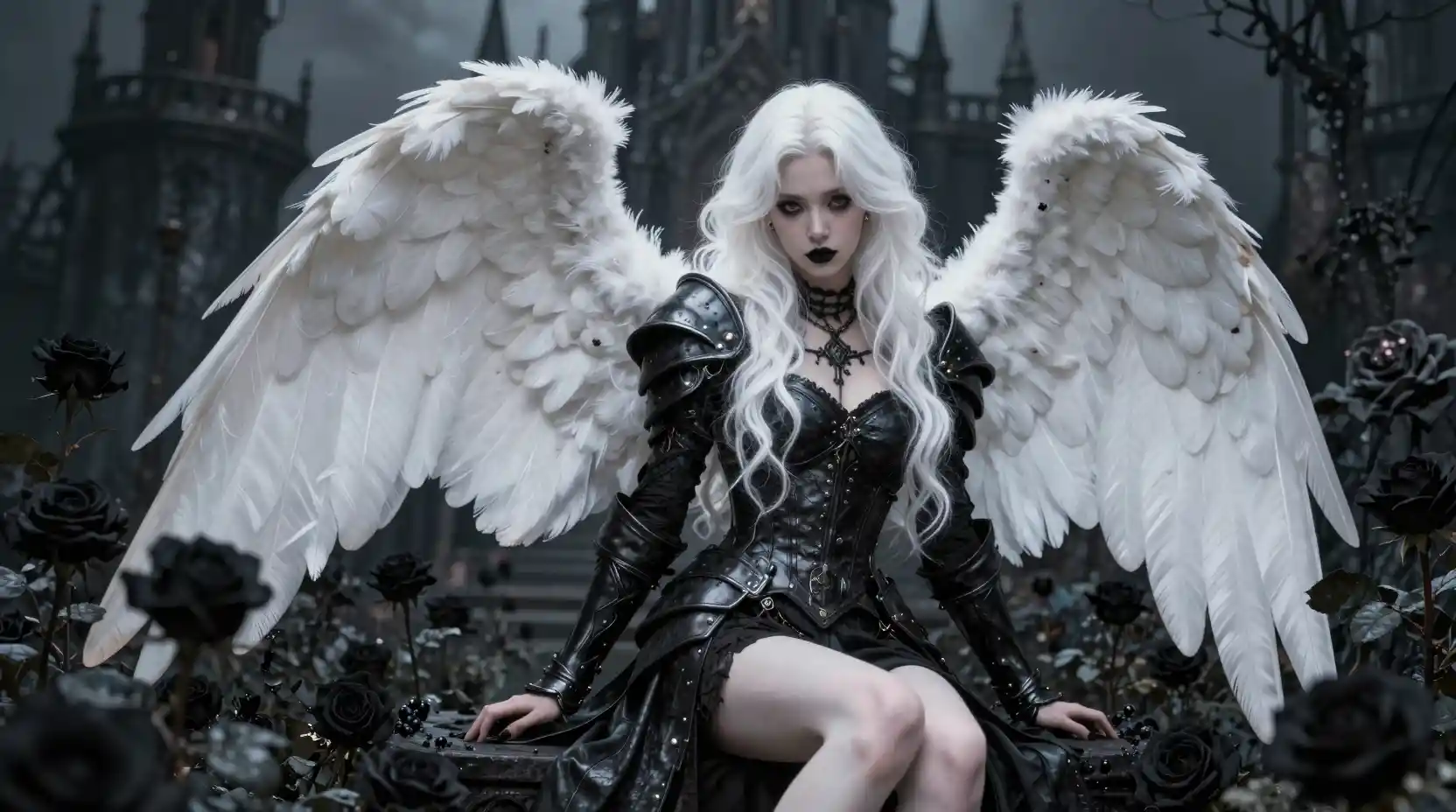 Gothic angel in leather armor among black rose garden