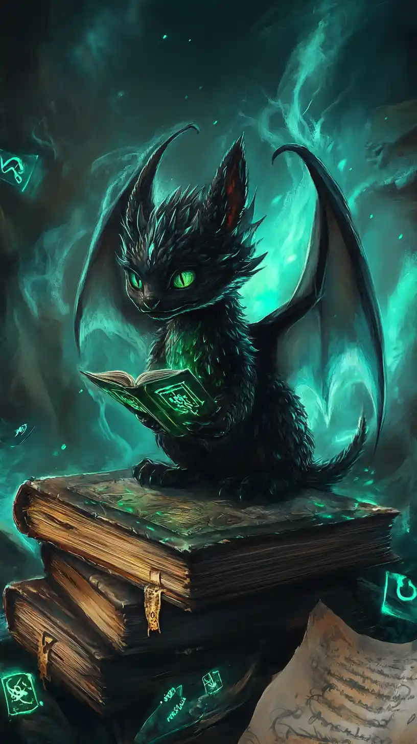 Pequeno dragão sombrio soprando chama esmeralda em caverna arcana