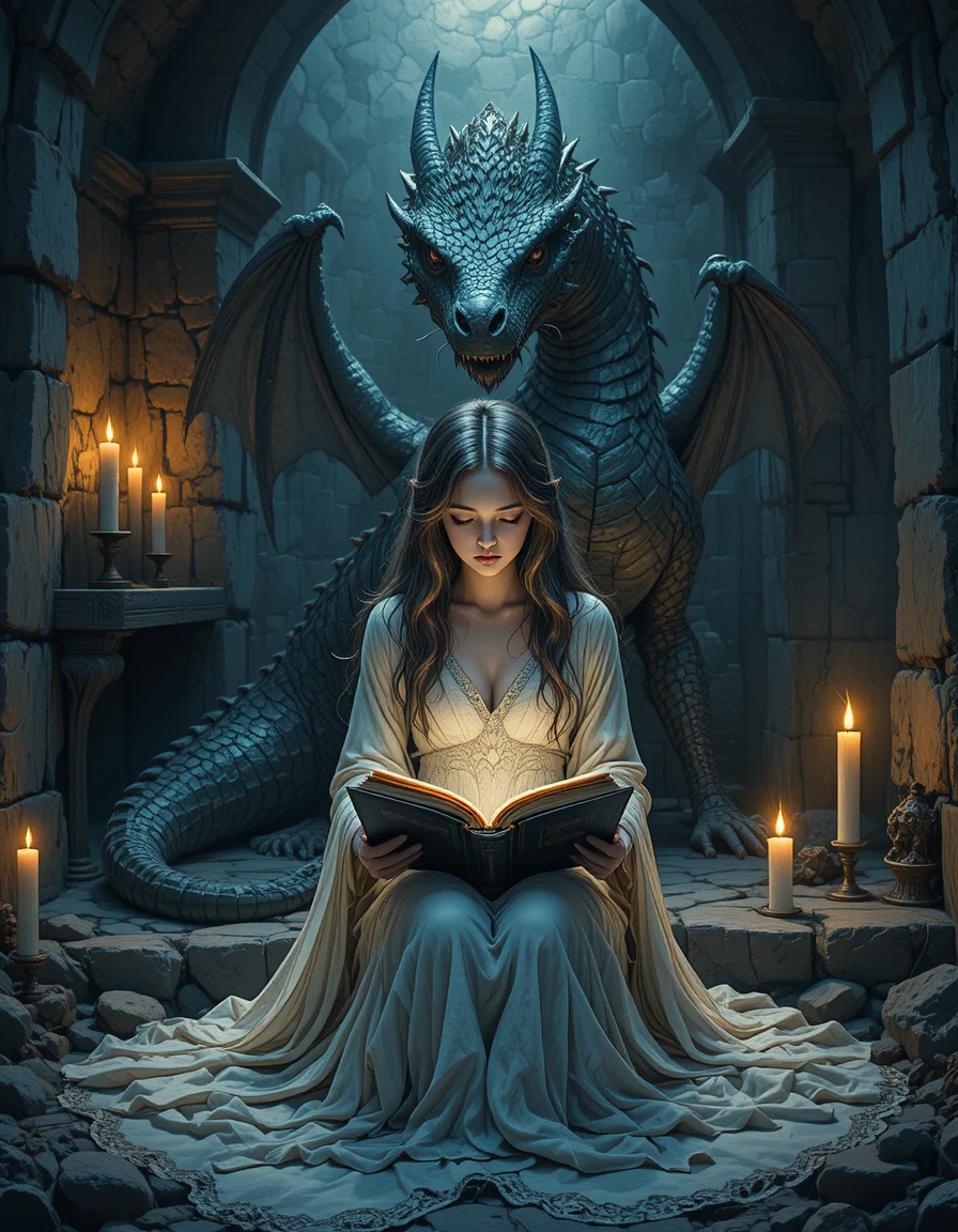 Woman reading ancient book guarded by dragon