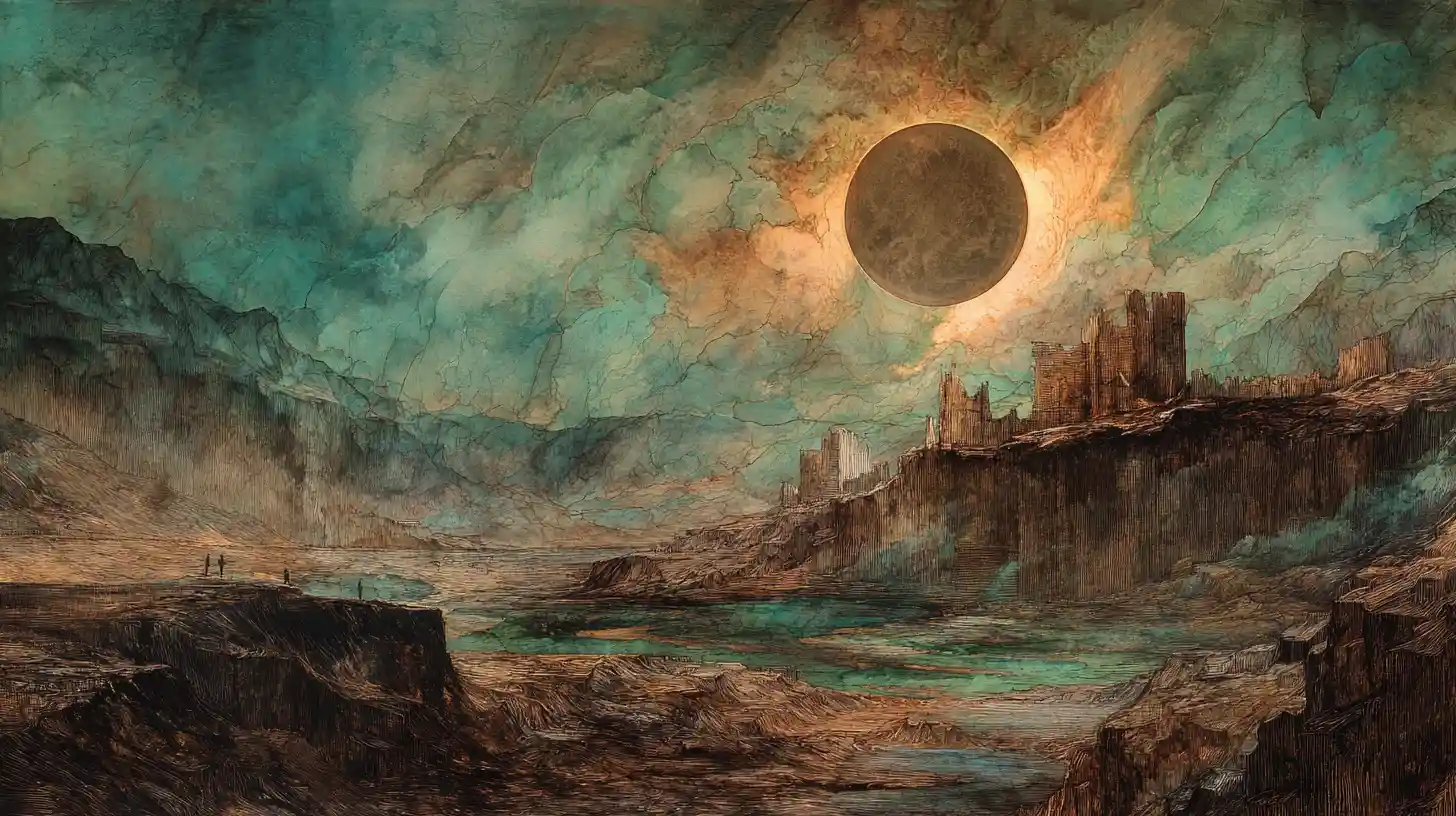 Surreal abstract landscape in mixed media with vibrant forms