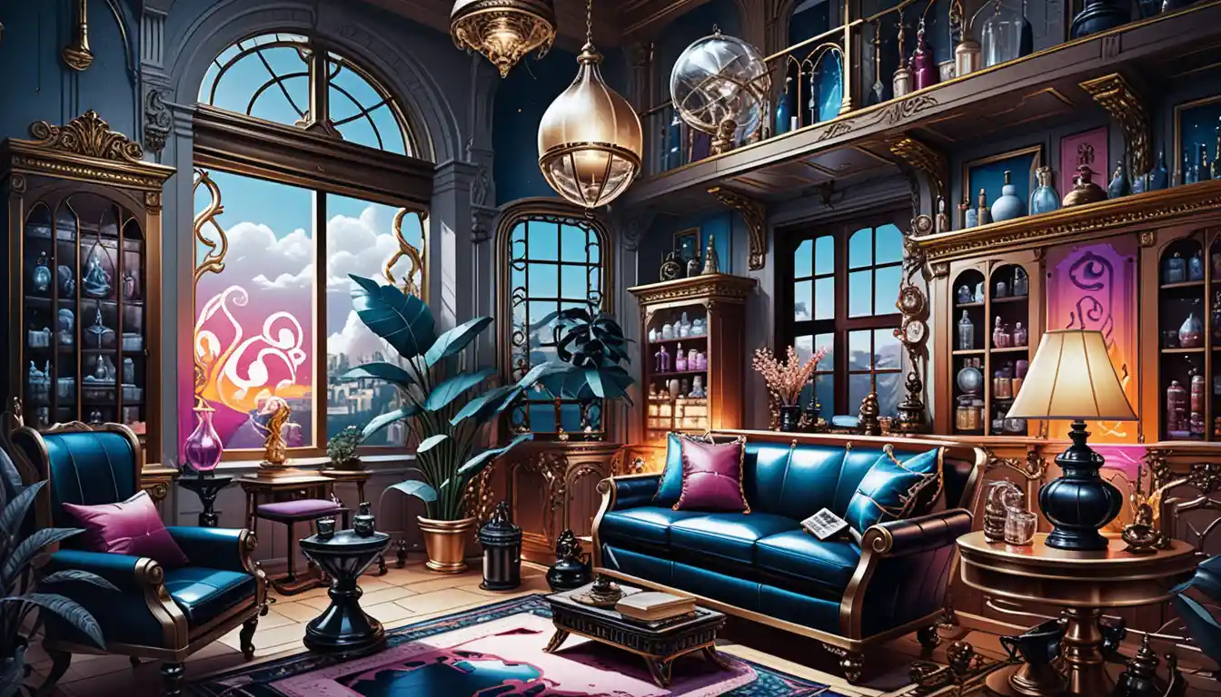 Stylized 3d fantasy house interior with exposed rooms