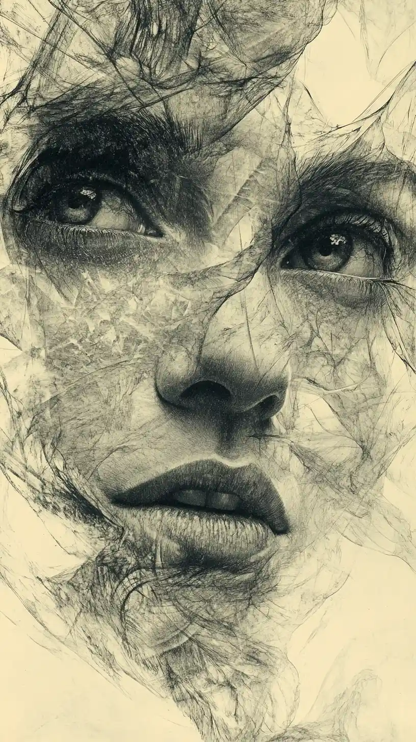 Surreales Gesicht mit libellenartigen Facettenaugen Zeichnung