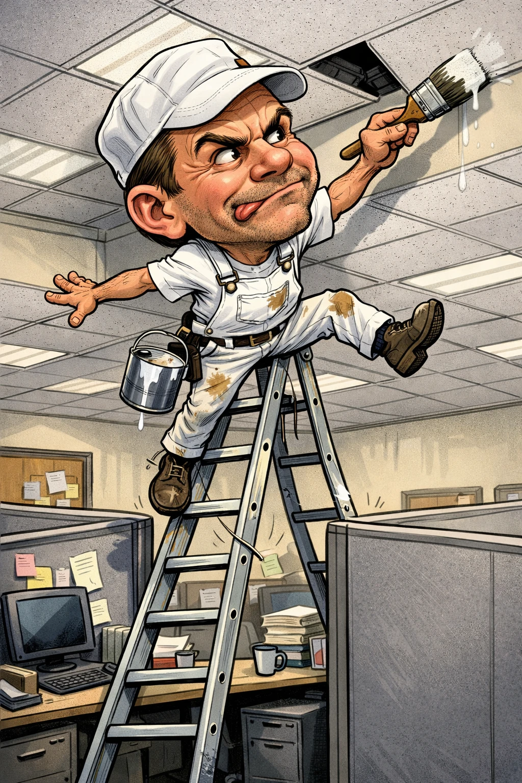 Office painter wobbling on a tall ladder between cubicles