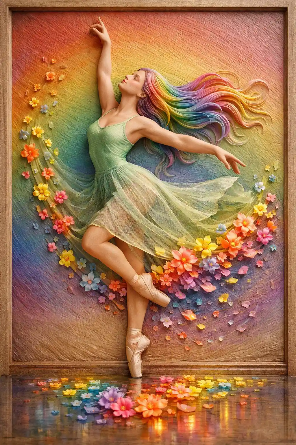 Surreal ballerina dancing in neon flowers and rainbow light