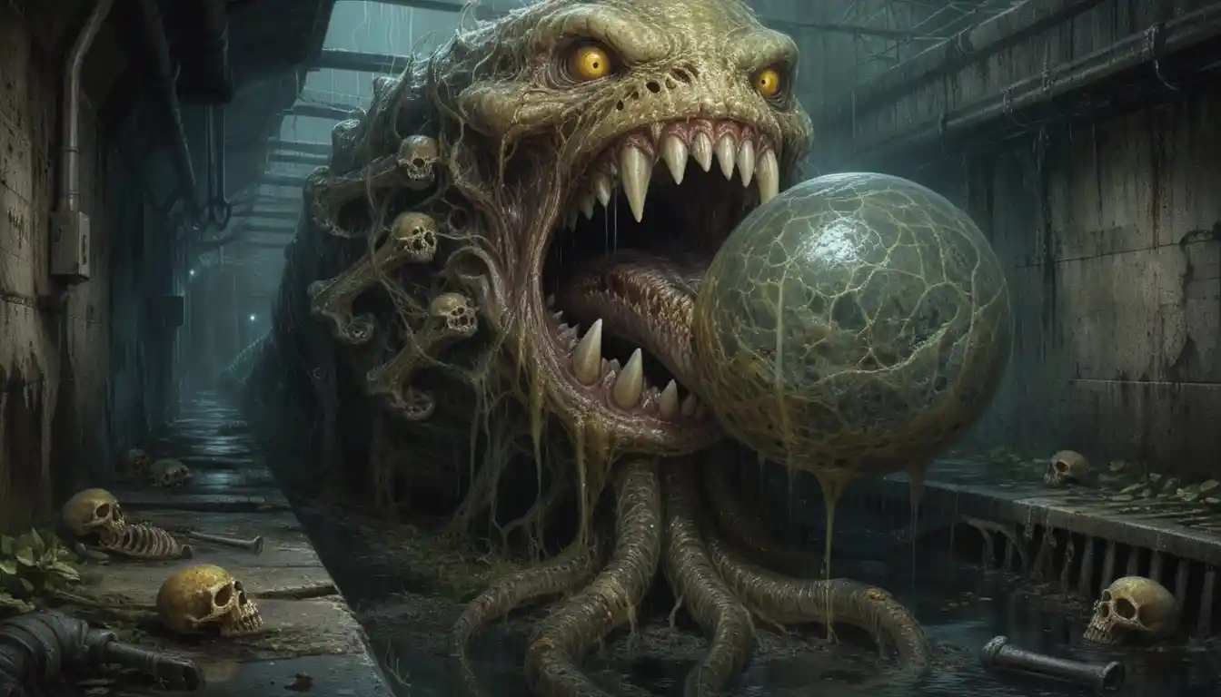 Monstruo grotesco de alcantarilla con fauces tentaculares y calaveras
