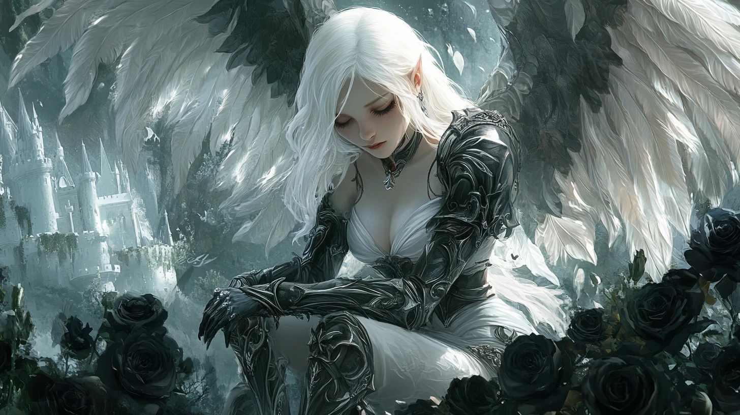 Gothic angel in leather armor among black garden roses