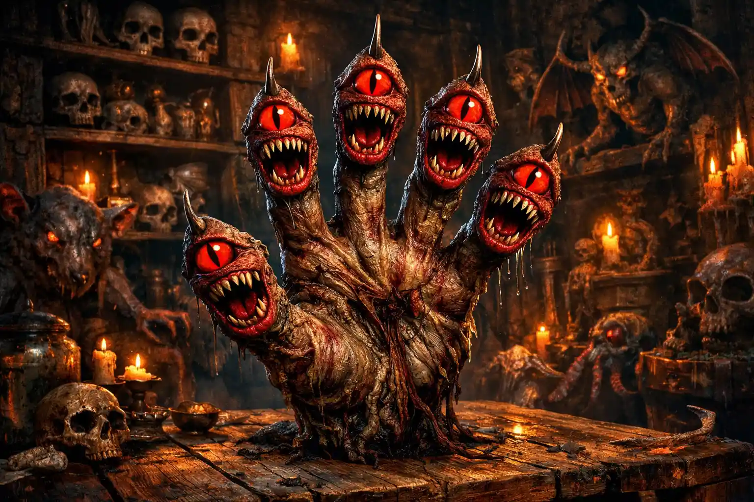 Mano con garras inquietante con ojos rojos sobre una mesa antigua