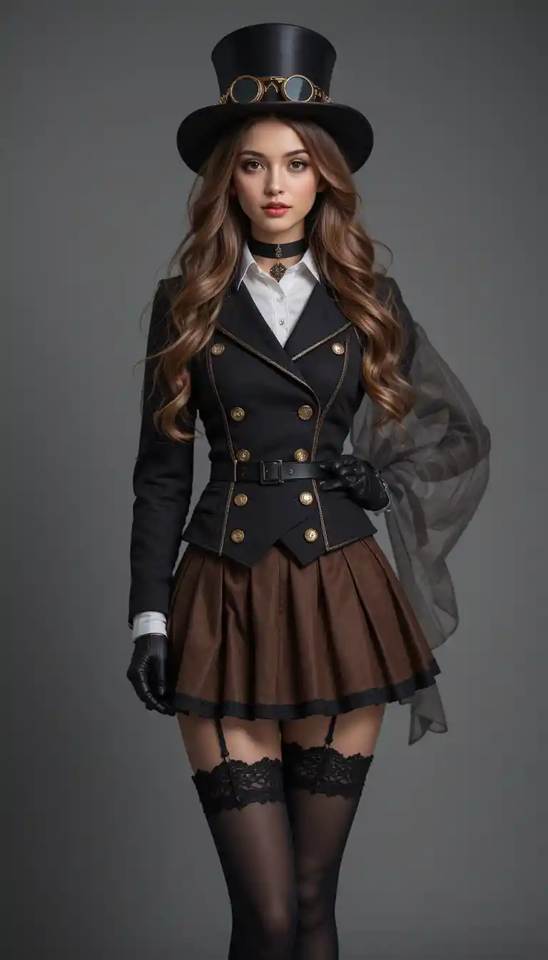 Jovem mulher em traje steampunk contra fundo cinza de estúdio