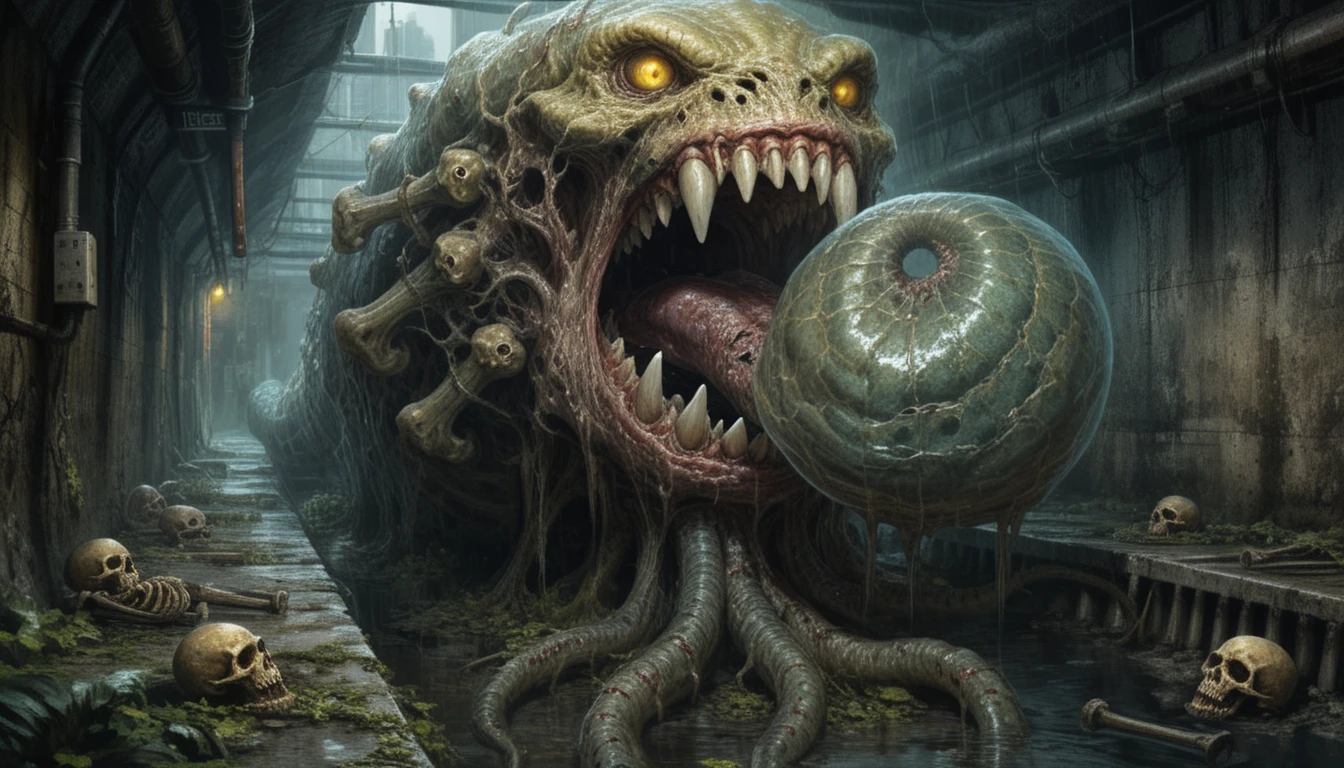 Monstruo grotesco de alcantarilla con fauces tentaculares y calaveras
