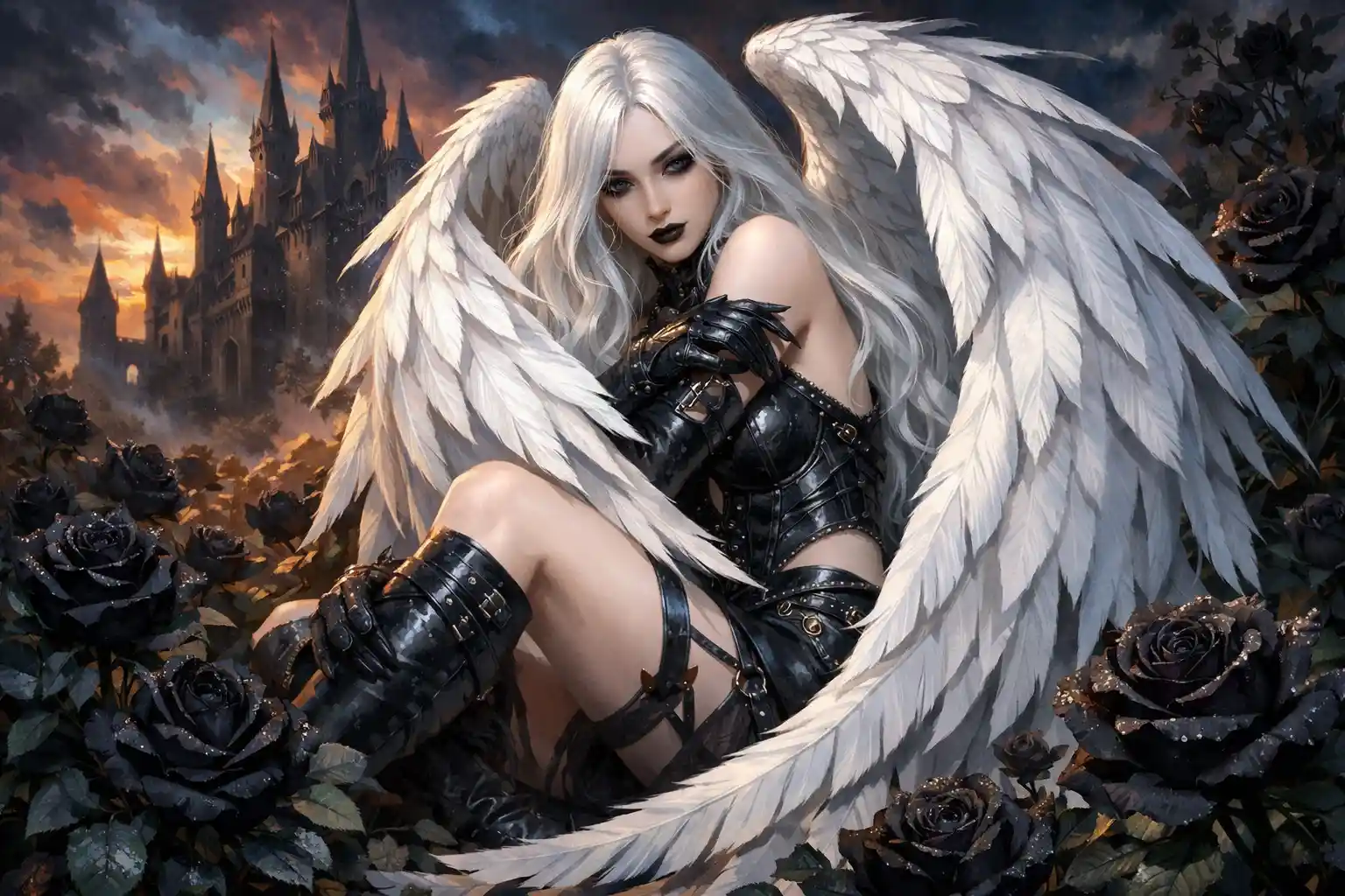 Gothic angel in leather armor among black rose garden
