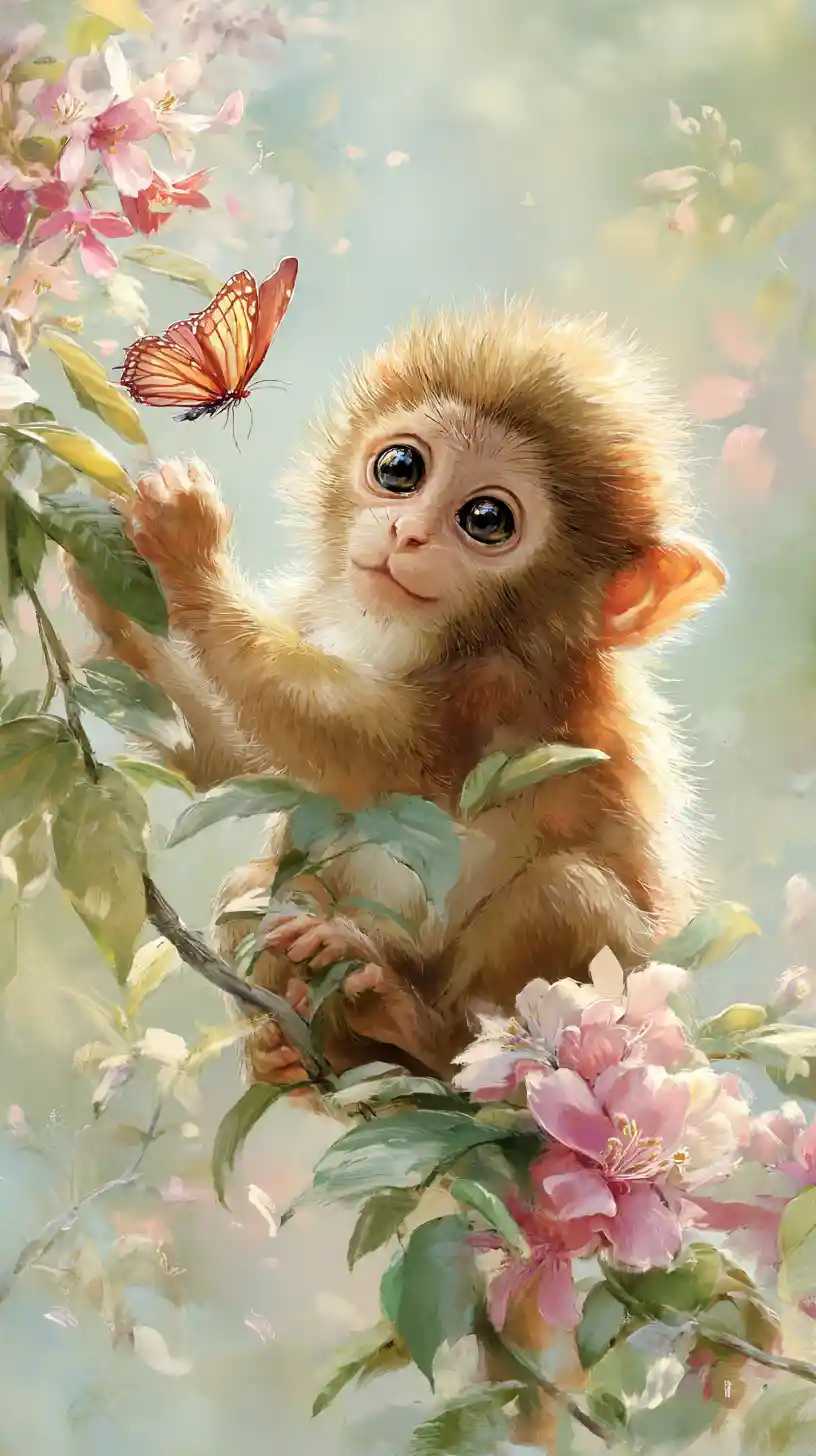 Baby monkey watching butterfly on a flowering forest branch