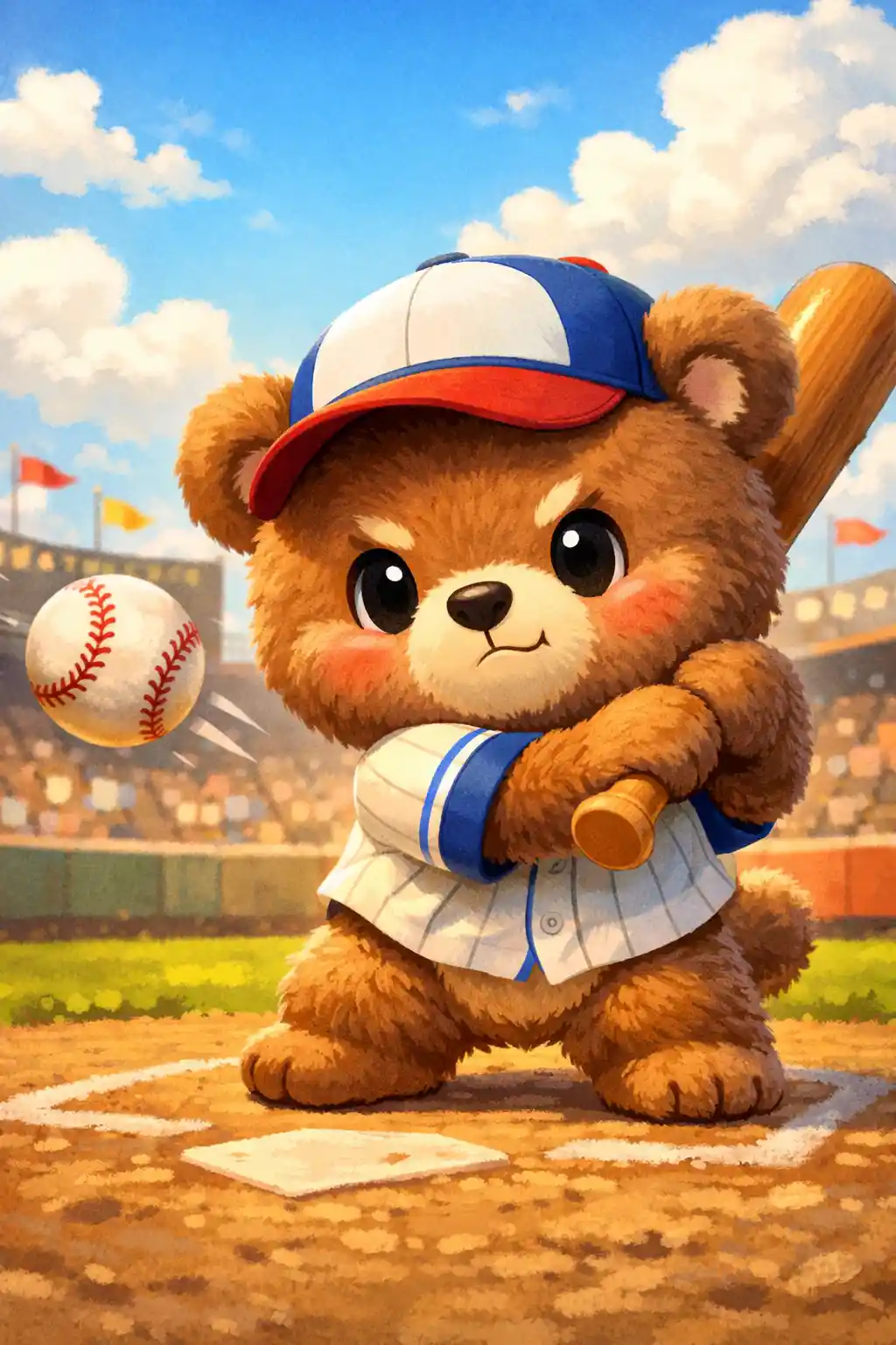 Adorable oso de dibujos animados jugando béisbol en un estadio soleado